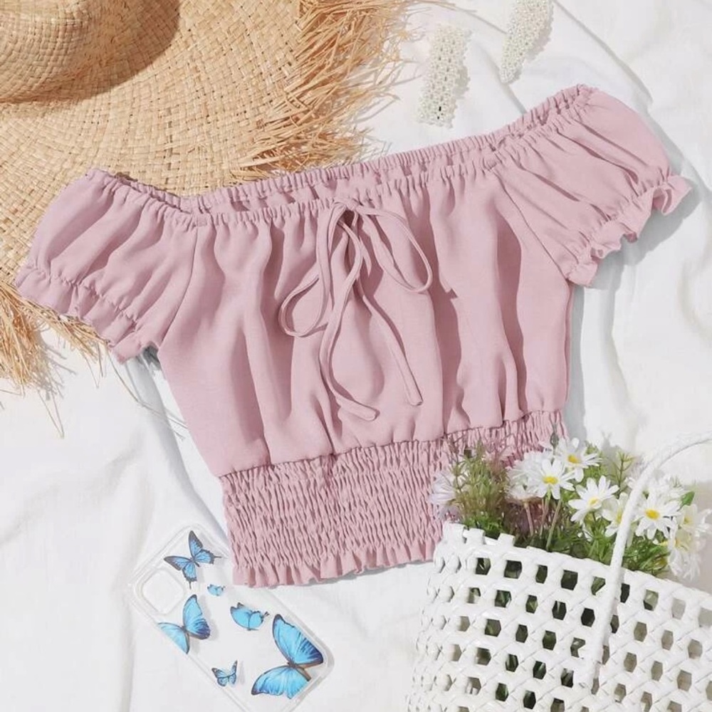 Tie Neck Shirred Hem Bardot Top